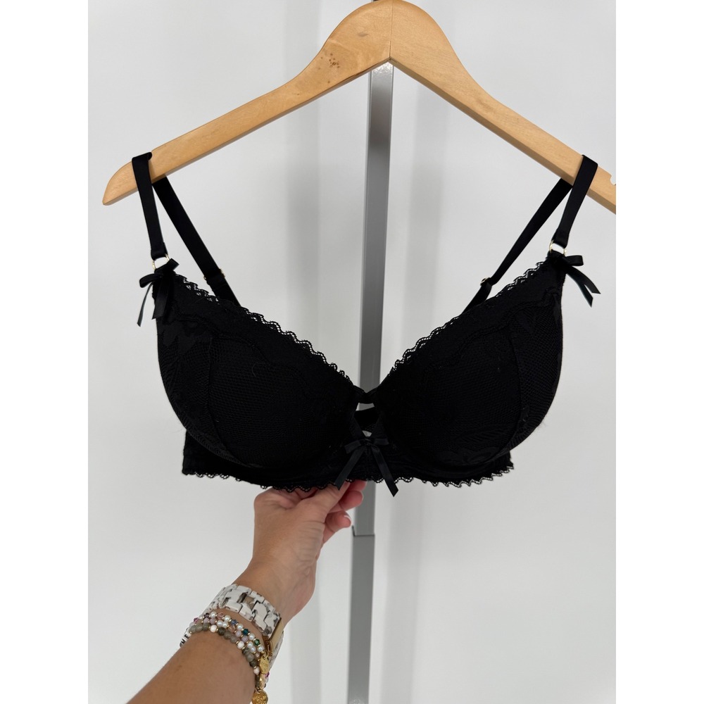 Aerie Black Lace Plunge Push Up‎ Bra 36DD Show Off by Aerie Bow Detail